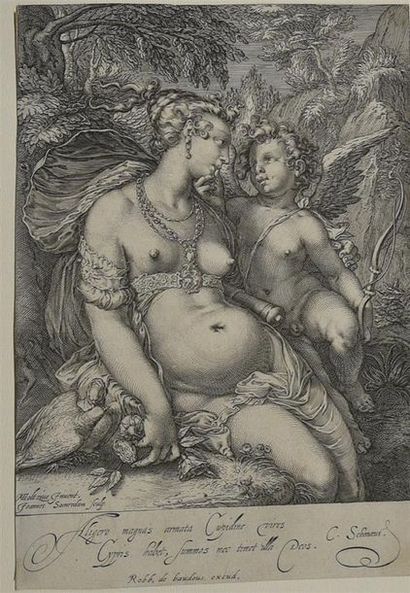 null Jan SAENREDAM (1565 - 1607) Vénus recevant les caresses de l'Amour. Eau-forte...