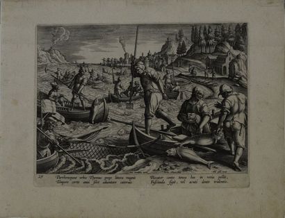 null D'après Johannes STRADANUS (1523 - 1605) Scènes de pêche et chasse à l'éléphant,...