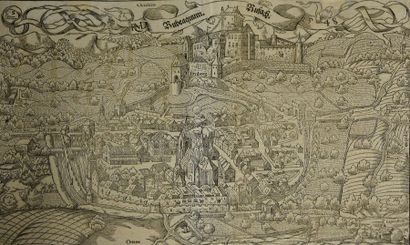 null Ecole ALLEMANDE du XVIIe siècle Vue de Rufach (Alsace). Gravure sur bois. In-quarto...