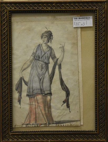 null Ecole française du XIXe siècle Femme en pied en costume révolutionnaire. Plume...