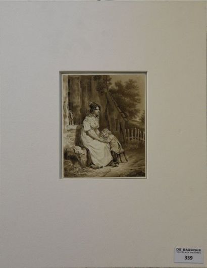 null Ecole FRANCAISE du XIXe siècle Mère et son enfant Lavis de bistre 12 x 9,8 cm...