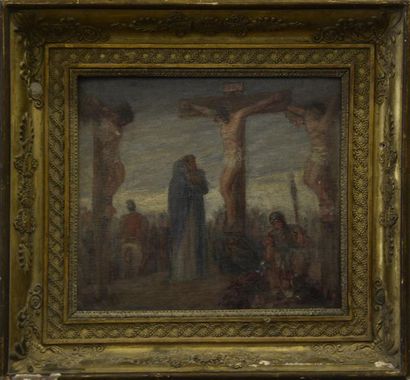 null Ecole FRANCAISE du XIXe siècle Crucifixion avec les deux larons, la Vierge et...