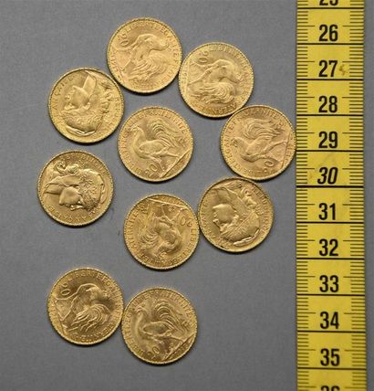 null FRANCE Dix pièces de 20 Francs en or jaune - 1 x 1905 - 1 x 1906 - 1 x 1907...