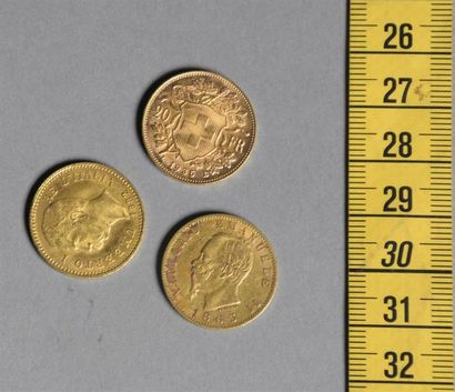 null DIVERS Lot de pièces en or : Deux pièces de 20 Livres, Italie, 1863 et 1882...