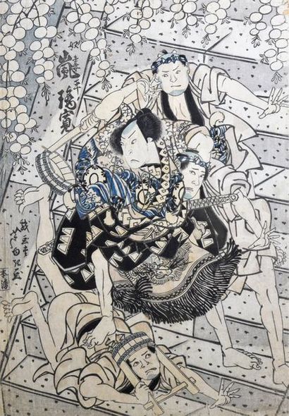null JAPON - Deux oban tate-e représentant des samourai au combat, dont un par Kuniyasu....