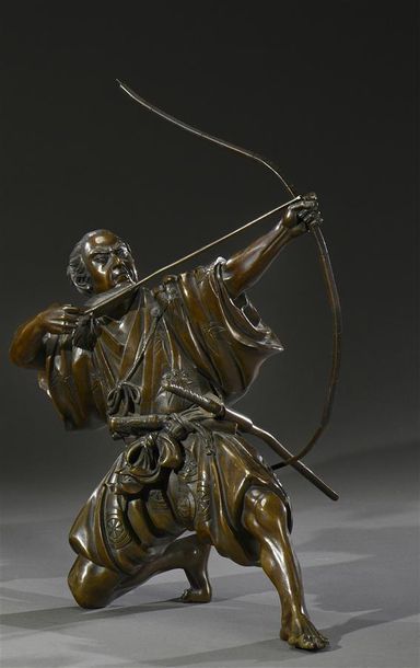 null JAPON - Epoque MEIJI (1868 - 1912) Statuette en bronze à patine brune , archer...