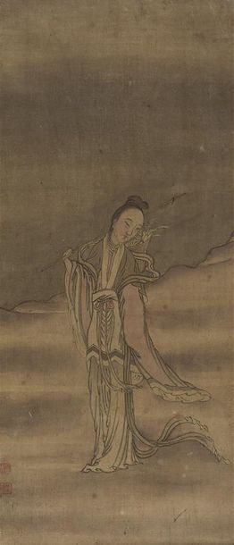 null CHINE - XIXe siècle Encre et couleurs sur soie, jeune femme tenant un bâton...