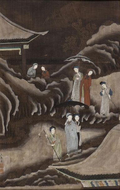 null CHINE - XIXe siècle Deux peintures, encre et polychromie sur soie, jeunes femmes...