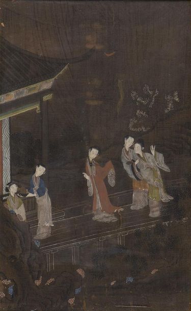 null CHINE - XIXe siècle Deux peintures, encre et polychromie sur soie, jeunes femmes...