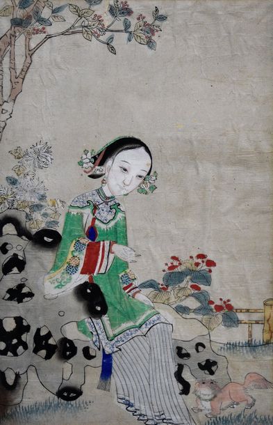 null CHINE - XXe siècle Impression colorisée sur papier, jeune femme sous un arbre...