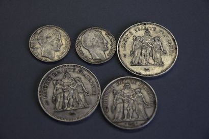 null Lot de pièces en argent : - Deux pièces de 50 FRS Dupré 1976 et 1977 - Une pièce...
