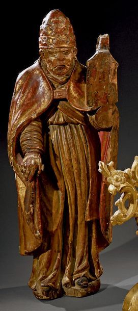 null Importante statue d'applique en bois fruitier polychrome et or, figurant saint...