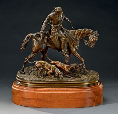 Pierre-Jules Mene (1810-1879) Valet Louis XV et chiens en défaut
Bronze à patine...