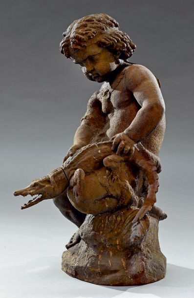 D'après Mathurin MOREAU (1822-1912) Enfant au collier antique assis tenant un petit...