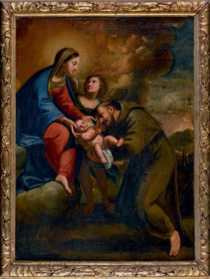 Attribué à Guy FRANCOIS (XVIIe siècle) 
Vierge à l'enfant avec saint François
Huile...