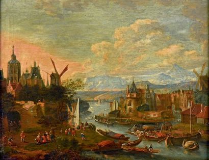 Dans le goût du XVIIe siècle 
Paysage de ville flamande Huile sur panneau
H. 29 cm...
