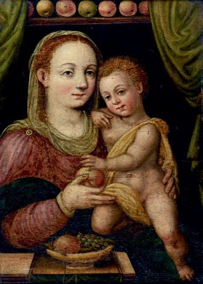 École ITALIENNE, dans le goût de Luca LONGHI (1507-1580) 
La Vierge à l'Enfant Jésus...
