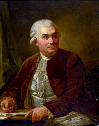 Attribué à Donat NONNOTTE (1708-1785) 
Portrait d'un architecte au compas
Huile sur...