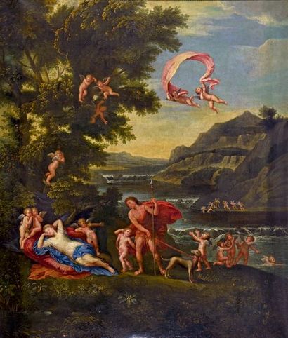 École FRANÇAISE du XVIIIe siècle 
Adonis amené à Venus par Cupidon
Huile sur toile,...