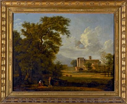 Ecole FRANCAISE vers 1800 
Paysage d'Italie au château fortifié
Huile sur toile
H....