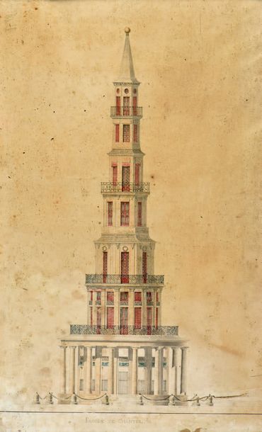 École Française du XIXe siècle 
La pagode de Chanteloup
Plume et encre noire, aquarelle...