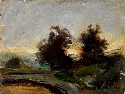 Louis-Hilaire CARRAND (1821-1899) 
Paysage au crépuscule Huile sur papier marouflée...