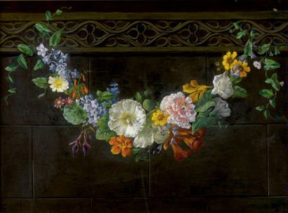 École Française du XIXe siècle 
Guirlande de fleurs
Gouache, signée en bas à droite...