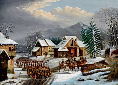 Philippe BUDELOT (act.1793-1841) 
Défilé militaire dans un paysage de neige
Huile...
