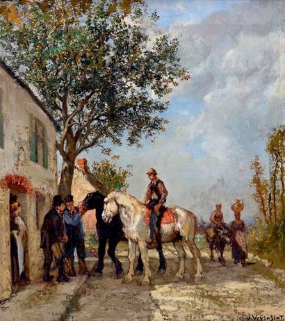 Jules Jacques VEYRASSAT (1828-1893) 
La halte
Huile sur toile, signée en bas à droite
H....