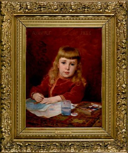 Timoléon Lobrichon (1831-1914) 
Robert, garçon et sa boîte d'aquarelle, 1886
Huile...