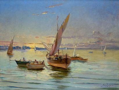 David GIRIN (1848-1917) David GIRIN (1848-1917)
Port au couchant
Huile sur toile,...