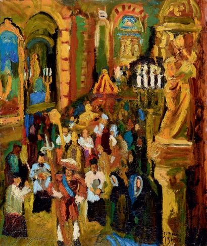 Pierre AMBROGIANI (1907-1985) 
Procession dans l'église, 1949
Huile sur toile, signée...