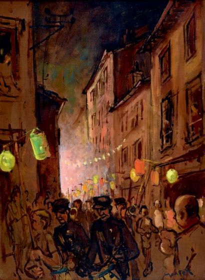 Maurice MONTET (1905-1997) 
Défilé nocturne
Huile sur toile, signée en bas à droite
H....
