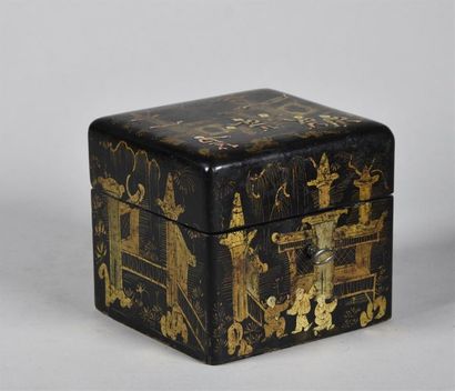 null Boîte à thé en bois à décor en laque de paysages animés Canton, XIXe siècle...