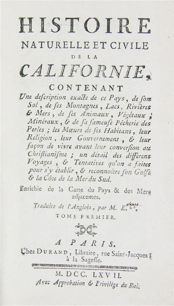 VENEGAS (Miguel). HISTOIRE NATURELLE ET CIVILE DE LA CALIFORNIE.
Paris, Durand, 1767....