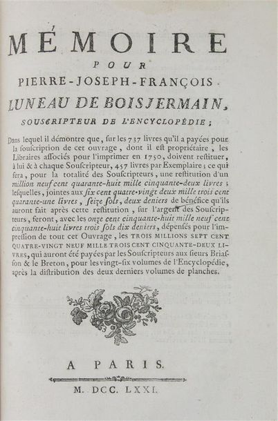 [Diderot - D'Alembert] PROCÈS À L'ENCONTRE DES ÉDITEURS ET LIBRAIRES DE L'ENCYCLOPÉDIE.
Paris,...
