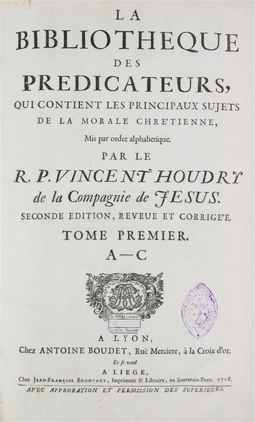 HOUDRY (Vincent). LA BIBLIOTHÈQUE DES PRÉDICATEURS.
Lyon, Antoine Boudot, 1716. 4...