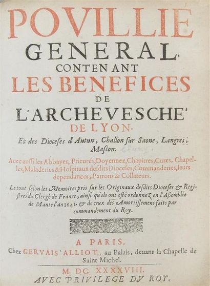 null [LYON]. POUILLIE GÉNÉRAL contenant les bénéfices de l'Archevesché de Lyon...
Paris,...