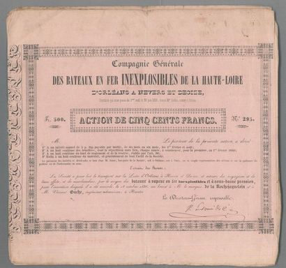 null ACTIONS. 20 documents, [1840].
Ensemble de 20 actions de 500 francs de la Compagnie...