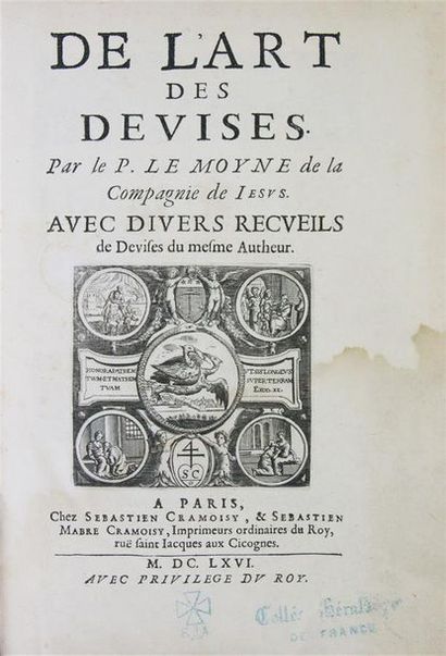 LE MOYNE. DE L'ART DES DEVISES.
Paris, Cramoisy, 1666. In-4° de [40]-521-[22] pages,...