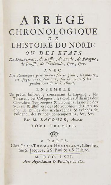 LACOMBE (Jacques). ABRÉGÉ CHRONOLOGIQUE DE L'HISTOIRE DU NORD, ou des Etats de Dannemarc,...
