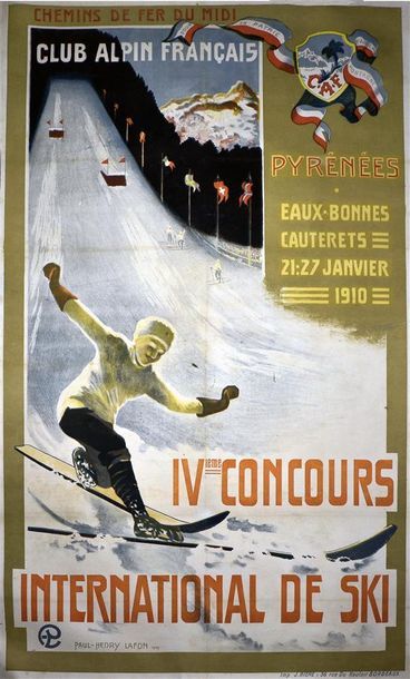 null IVème Concours International de Ski, Pyrénées, 1910 Très rare affiche par Paul-Henri...