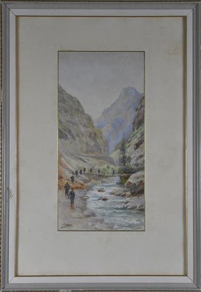 null Pierre COMBA (1859-1934) Chasseurs alpins au bord d'un torrent Aquarelle signée...