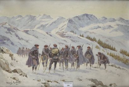 null Bernard RAMBAUD (XIX-XXe siècle) Chasseurs alpins en montagne Aquarelle signée...