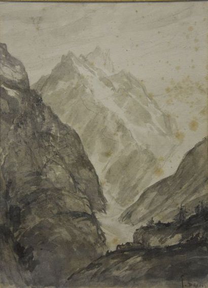 null Joanny DREVET (1889-1969) Paysage de montagne Lavis signé en bas à droite H....