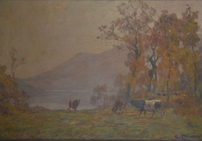 null Clovis Frédérick TERRAIRE (1858-1931) Lac d'Aiguebelette Huile sur panneau,...