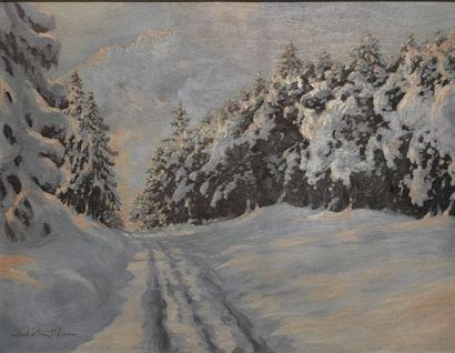 null Léon ZEYTLINE (1885-1962) Allée forestière enneigée dans le Jura Huile sur panneau...