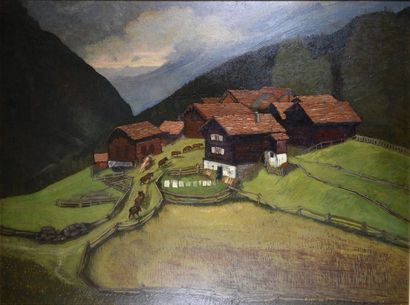 null Hanns HERZING (1890-1971) Fermes au col de Simplon Huile sur isorel située et...