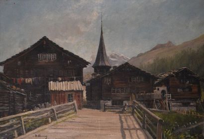 null V. DUCROZ (XIX-XXe siècle) Village suisse Huile sur toile signée en bas à gauche...