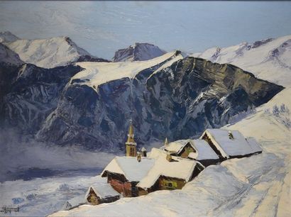 null André RAYNAUD (1890-1974) Le village d'Huez Huile sur panneau, signée en bas...